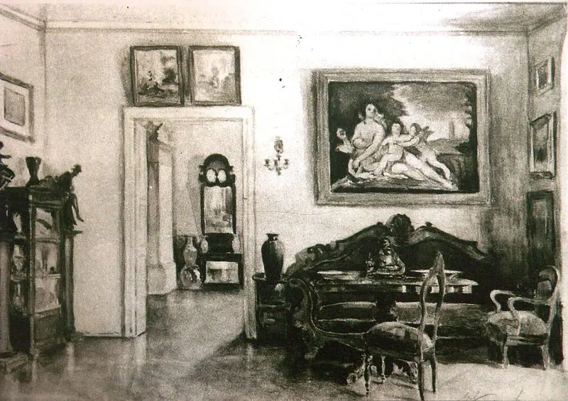 Archiwalne zdjęcie wnętrza dawnego muzeum z zabytkowymi meblami i obrazami na ścianach.