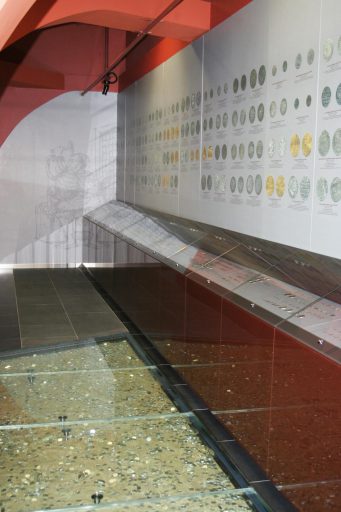 Sala wystawy "X wieków Płocka". Pod ścianą szklana gablota ze starymi monetami, nad nią plansza ze zdjęciami monet i opisami. Na podłodze szkło, pod nim rozsypane świecące monety.
