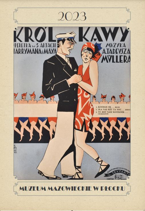 Grafika w stylu lat dwudziestych ubiegłego wieku. Kobieta w krótkiej sukience i mężczyzna w mundurze kapitana marynarki tańczą, nad nimi napis "Król kawy"