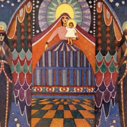 Kartka świąteczna, graficzne, uproszczone przedstawienie Matki Bożej z dzieciątkiem, po jej obu stronach anioły.
