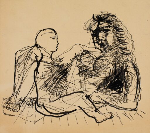 Grafika - szkic autorstwa Izaaka Celnikiera. Pożółkły papier, na nim narysowane ołówkiem zarysy dwóch osób siedzących na podłodze i patrzących na siebie. Rysunek jest abstrakcyjny, osoba po lewej stronie rysunku to łysy mężczyzna, cechy wyglądu osoby naprzeciwko są trudne do określenia.