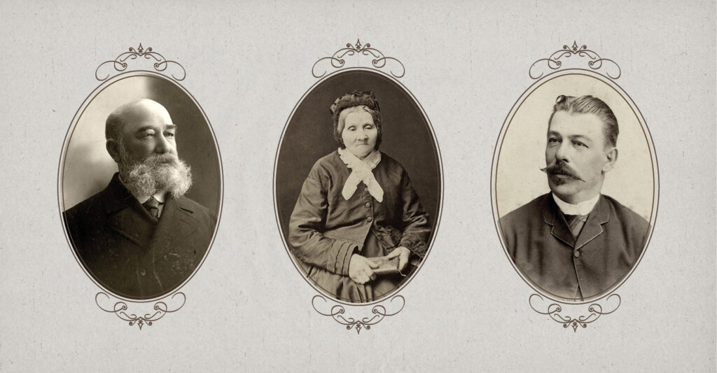 Trzy archiwalne fotograficzne portrety dwóch mężczyzn i kobiety w staromodnych strojach. Portrety umieszczone są w owalnych ramkach na jasnym tle.
