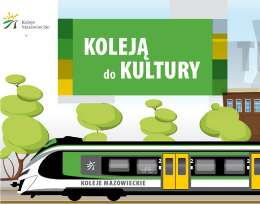 Plakat reklamujący akcję "Koleją do kultury". Białe tło, na górze zielony prostokąt, na nim napis "Koleją do kultury". Niżej graficzne, uproszczone, kolorowe przedstawienie pociągu.