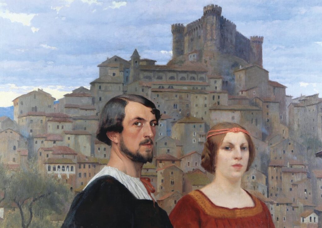 Obraz Edwarda Okunia przedstawiający samego artystę wraz z żoną na tle wzgórza zabudowanego zabytkowymi budynkami. Para patrzy w stronę widza, obije mają na sobie stroje w stylu renesansowym. Są widoczni do piersi.